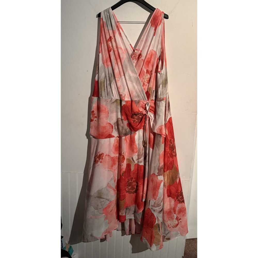 Donna Karan 24W Plus Size Dress Floral Chiffon Faux Wrap Effect Midi Dress NWT